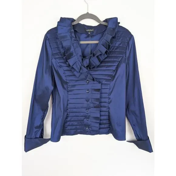 Samuel Dong Blazer Jacket Evening Formal Pleated Ruffle Iridescent Blue Size L - Picture 1 of 11